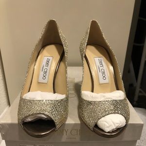 Jimmy Choo Glitter fabric champagne shoes